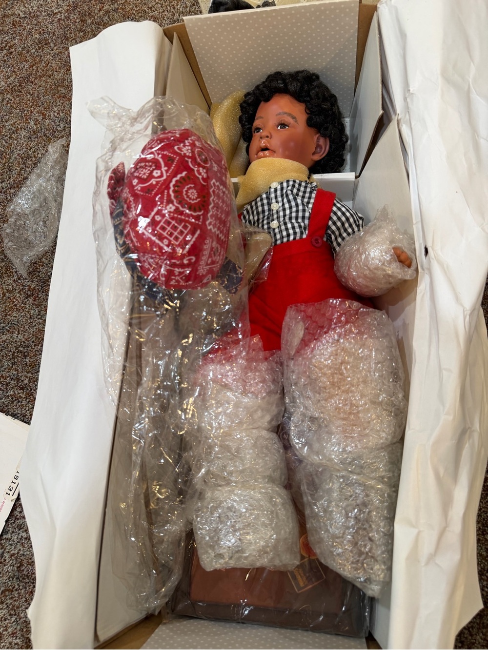 Paradise Galleries Porcelain Collectible Doll with Red Overalls & Gingham Shirt